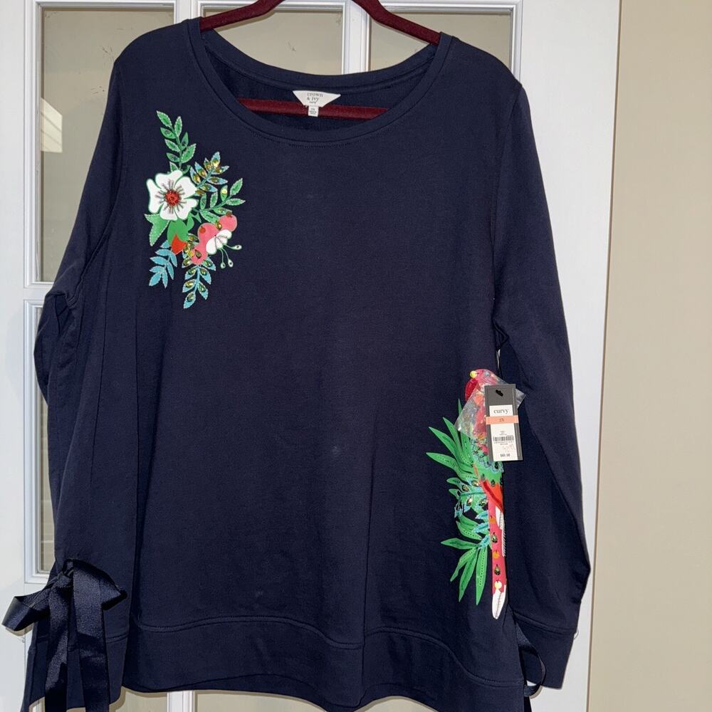 NWT Crown Ivy Blouse 2X Tropical Parrot Sequin Side Ties Long Sleeve shirt Blue
